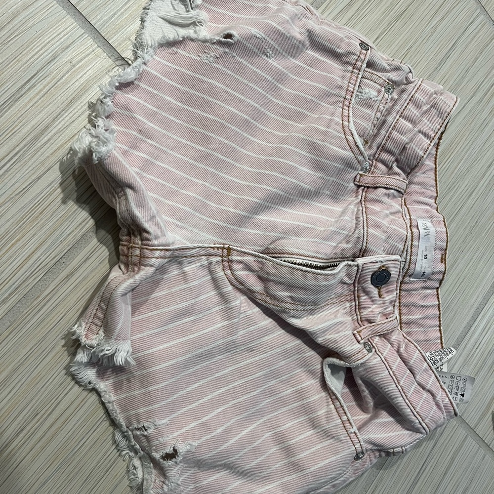 Zara Pink and White Striped Denim Shorts